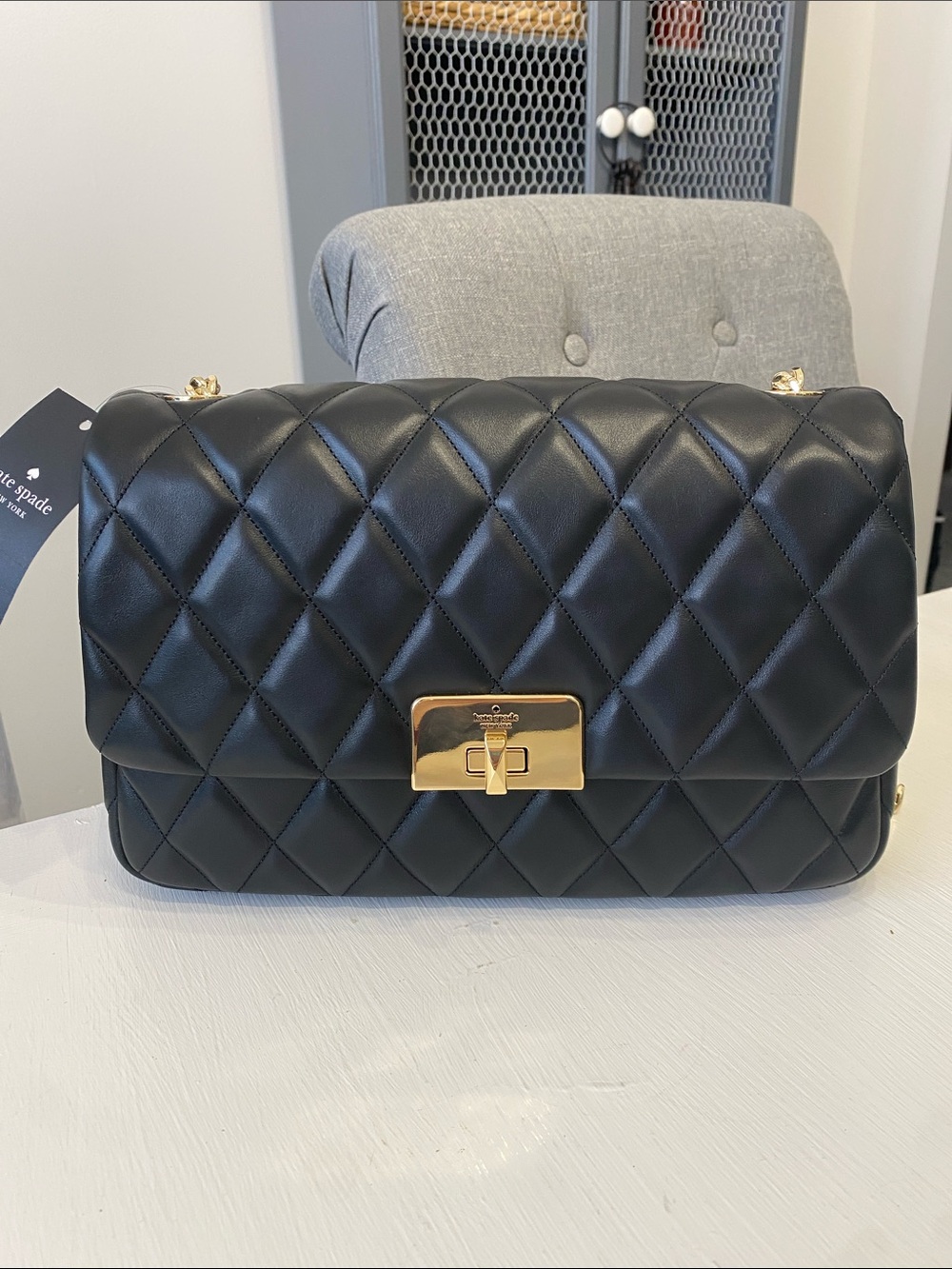 Kate Spade Black Carey Smooth Leather Medium Flap Quilted Turn-Lock Shoulder Bag